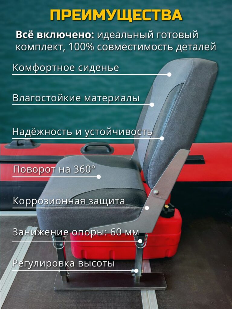 Кресло-поворотное-в-лодку-пвх-Полный-комплект-серо-чёрное