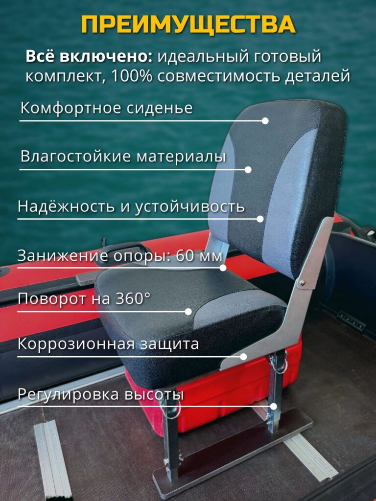 Кресло-поворотное-в-лодку-пвх-Полный-комплект-чёрное-с-тёмно-серым